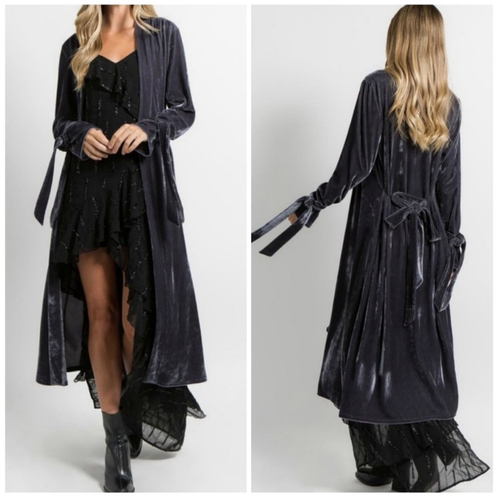 Fanco Slate Gray Velvet Maxi Trench Cardigan Duster Jacket Size Large Belt Tie